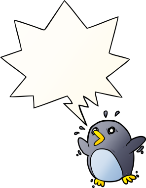 Karikatür korkmuş penguen konuşma baloncuğu gibi bir insan tarafından çizilmiş.