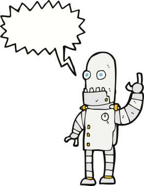 Bir insan tarafından çizilmiş konuşma balonlu çizgi film sallayan robot.