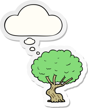 Düşünce baloncuğu insan tarafından çizilmiş bir çıkartma olan çizgi film ağacı.