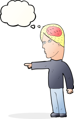 Bir insan tarafından çizilmiş düşünce baloncuğuyla işaret eden zeki bir adam.