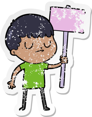 Bir insan tarafından çizilmiş pankartı olan huysuz bir çizgi film karakterinin sıkıntılı çıkartması.