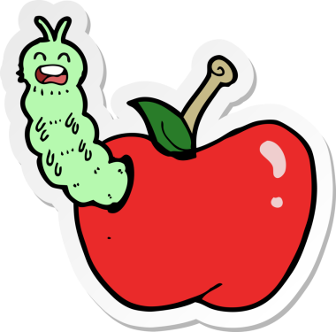 Bir insan tarafından çizilmiş elma yiyen bir çizgi film böceğinin çıkartması.