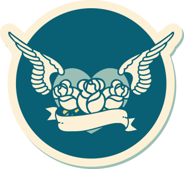 Geleneksel bir dövme stili. Uçan kalp. Çiçekler ve bir insan tarafından çizilmiş bayrak.