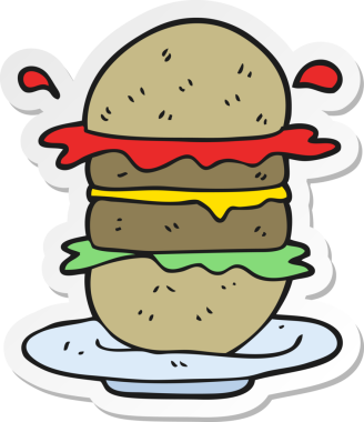 Bir insan tarafından çizilmiş çizgi film burgerinin çıkartması.