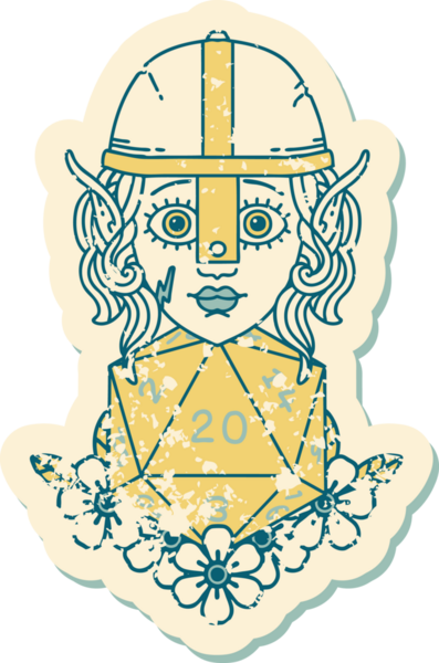 Retro Tattoo stili elf dövüşçüsü. Bir insan tarafından çizilmiş 20 zar ile.