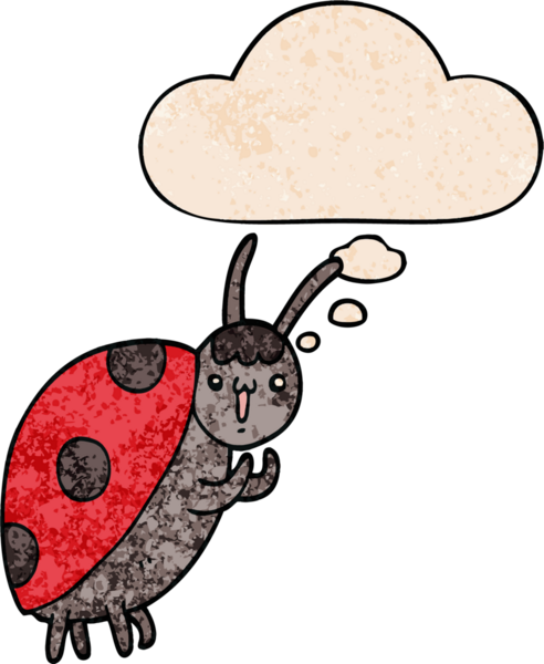 Bir insan tarafından çizilmiş grunge desenli düşünce baloncuğu olan sevimli bir uğur böceği çizgi filmi.