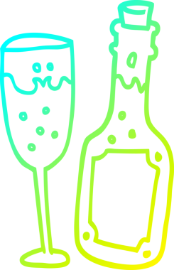Bir insan tarafından çizilmiş şampanya şişesi ve cam karikatür çizimi.