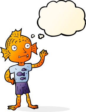 Bir insan tarafından çizilmiş düşünce balonlu balık çocuk.