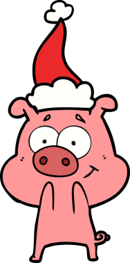 Bir insan tarafından çizilmiş Noel Baba şapkası takan bir domuzun çizdiği mutlu el çizgisi.