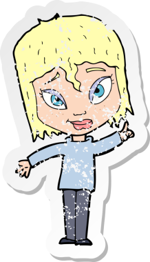 İnsan tarafından çizilmiş bir fikri olan karikatür bir kadının gerilimli retro yapıştırması.