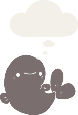 Düşünce baloncuğu olan karikatür balinası insan tarafından çizilmiş.