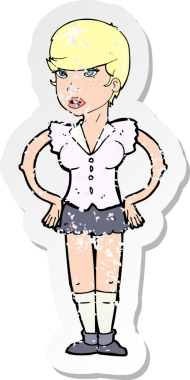 Bir insan tarafından çizilmiş kalçasında elleri olan bir karikatür kadının gerilmiş çıkartması.