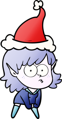 Bir insan tarafından çizilmiş Noel Baba şapkası giymiş, dik dik bakan bir elf kızının el çizimi karikatürü.