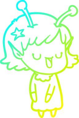 Bir insan tarafından çizilmiş mutlu bir uzaylı kız çizgi filmi.