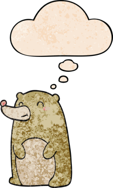 Bir insan tarafından çizilmiş grunge desenli düşünce baloncuğu olan sevimli çizgi film ayısı.