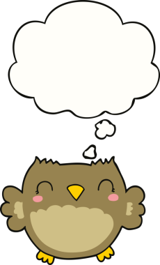 Bir insan tarafından çizilmiş düşünce baloncuğu olan sevimli çizgi film baykuşu.