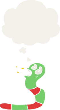 Düşünce baloncuğu olan ürkek çizgi film solucanı insan tarafından çizilmiş.