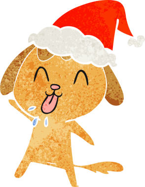 Bir insan tarafından çizilmiş Noel Baba şapkası takan bir köpeğin eski çizgi filmi.