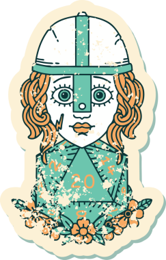 Bir insan dövüşçüsünün grunge sticker 'ı. Bir insan tarafından çizilmiş 20 D20 zarlı.