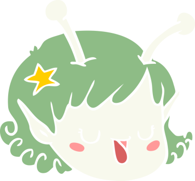 Düz renkli çizgi film uzaylı kız yüzü bir insan tarafından çizilmiş.