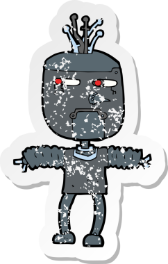 Bir insan tarafından çizilmiş karikatür robotunun gerilmiş yapıştırması.