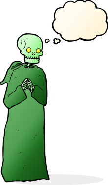 Düşünce baloncuğu çizilmiş siyah cüppeli bir iskelet.