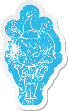 Bir insan tarafından çizilmiş Noel Baba şapkası giyen uzaylı bir kızın garip bir karikatürü.