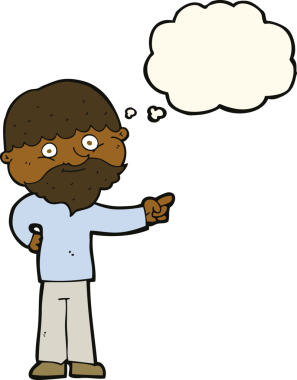 Karikatür sakallı adam bir insan tarafından çizilmiş düşünce balonuyla işaret ediyor.