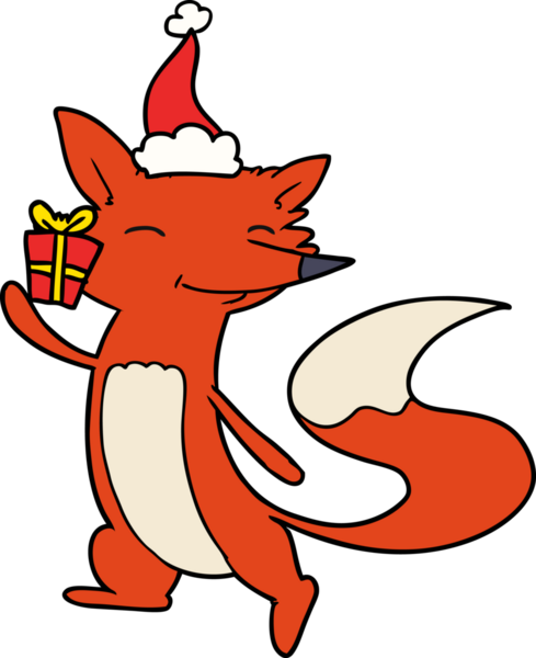 Bir insan tarafından çizilmiş Noel Baba şapkası giyen mutlu bir tilkinin el çizimi.