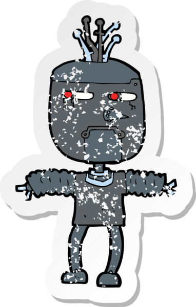 Bir insan tarafından çizilmiş karikatür robotunun gerilmiş yapıştırması.