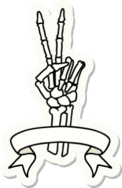 Bir insan tarafından çizilmiş barış işareti veren iskelet dövmesi stili çıkartma.