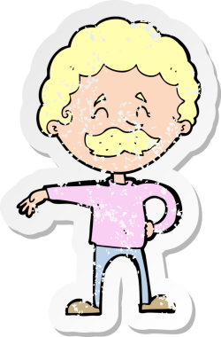 Bir insan tarafından çizilmiş kamp jesti yapan bir çizgi film karakterinin gerilimli retro yapıştırması.