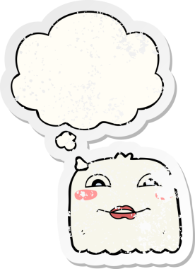 Düşünce baloncuğu olan karikatür hayaleti bir insan tarafından çizilmiş yıpranmış bir çıkartma.