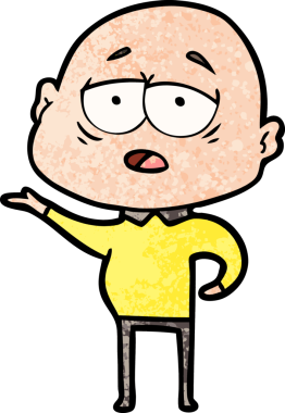 Bir insan tarafından çizilmiş yorgun, kel bir adam.