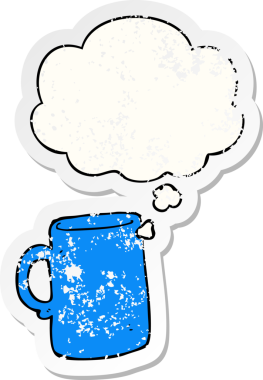 Düşünce baloncuklu çizgi film kupası bir insan tarafından çizilmiş yıpranmış bir çıkartma gibi.