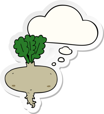 Düşünce baloncuklu pancar kökü insan tarafından çizilmiş bir çıkartma.