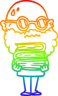 Gökkuşağı gradyan çizgi çizimi sakallı endişeli bir adam ve bir insan tarafından çizilmiş bir yığın kitap