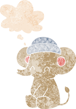 Düşünce baloncuğu ve grunge ile çizgi film sevimli fil bir insan tarafından çizilmiş sıkıntılı retro dokuma tarzı