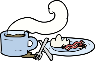 Bir insan tarafından çizilmiş kahve ve pastırmalı çizgi film kahvaltısı.