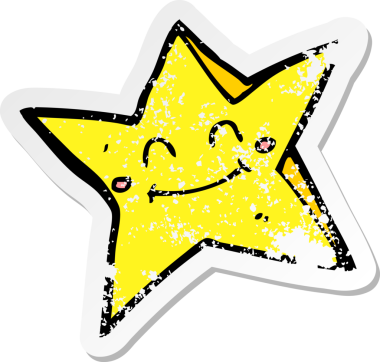 Bir insan tarafından çizilmiş mutlu bir yıldız karakterinin gerilimli retro yapıştırması.