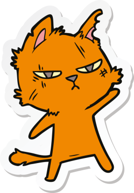 Bir insan tarafından çizilmiş sert bir çizgi film kedisinin çıkartması.