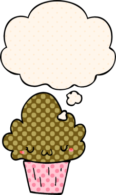 Bir insan tarafından çizilmiş, yüzünde düşünce kabarcığı olan çizgi film keki.