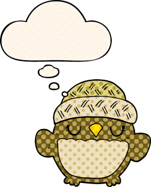 Bir insan tarafından çizilmiş çizgi roman tarzında düşünce baloncuğu olan şapkalı sevimli bir baykuş.