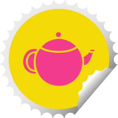 Bir insan tarafından çizilmiş kırmızı çay demliğinin dairesel kabuk soyma etiketi.