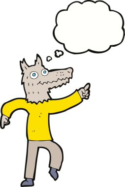 Bir insan tarafından çizilmiş düşünce balonlu bir kurt adam.