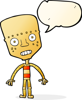 Bir insan tarafından çizilmiş konuşma balonu olan çizgi film robotu.