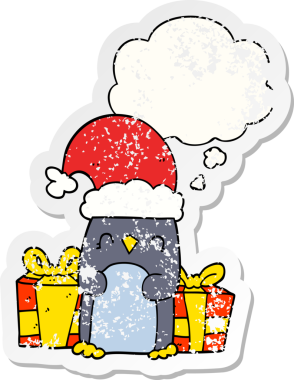 Düşünce baloncuğu olan sevimli noel pengueni insan tarafından çizilmiş yıpranmış bir çıkartma.