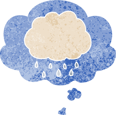 Düşünce baloncuklu karikatür yağmur bulutu grunge sıkıntılı retro dokuma tarzı bir insan tarafından çizilmiş