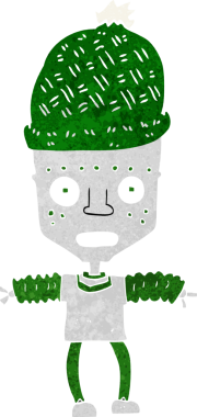 Bir insan tarafından çizilmiş şapka takan çizgi film robotu