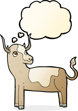 Bir insan tarafından çizilmiş düşünce balonlu çizgi film ineği.